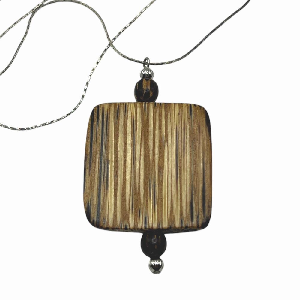 Vintage Patikin Wood Pendant Necklace Brown Wooden Square Silver Tone Reversible